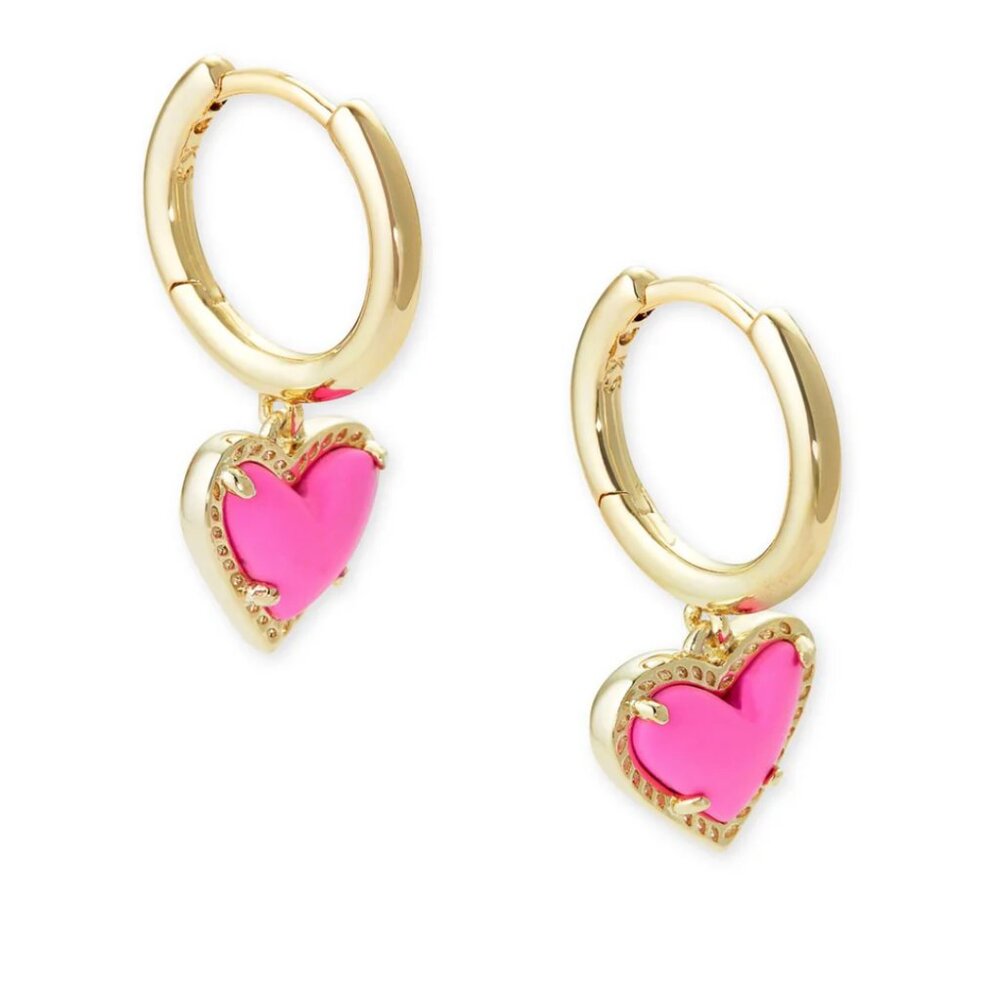 Kendra Scott Ari Heart Gold Huggie Earrings Neon Magenta Magnesite
